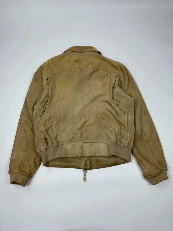 Armani Jeans beige suede bomber jacket with cargo pockets and vintage 90s design.