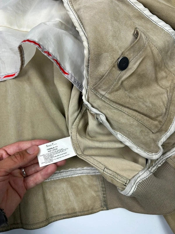 Armani Jeans beige suede bomber jacket with cargo pockets and vintage 90s design.