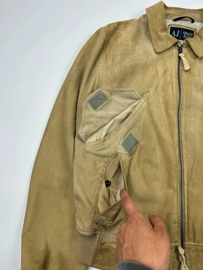 Armani Jeans beige suede bomber jacket with cargo pockets and vintage 90s design.