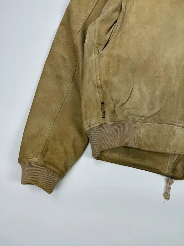 Armani Jeans beige suede bomber jacket with cargo pockets and vintage 90s design.