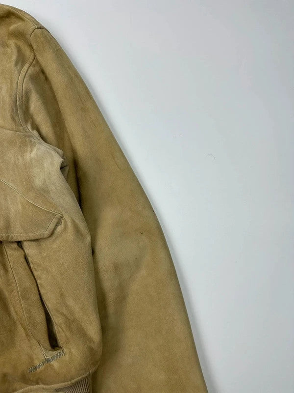 Armani Jeans beige suede bomber jacket with cargo pockets and vintage 90s design.