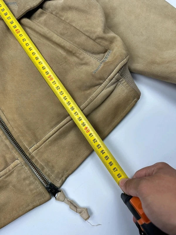 Armani Jeans beige suede bomber jacket with cargo pockets and vintage 90s design.