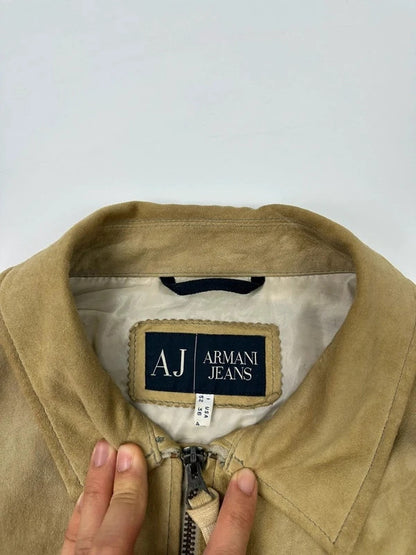Armani Jeans beige suede bomber jacket with cargo pockets and vintage 90s design.