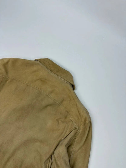 Armani Jeans beige suede bomber jacket with cargo pockets and vintage 90s design.