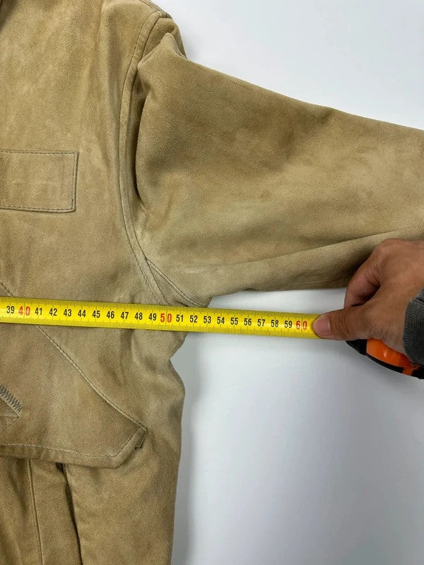 Armani Jeans beige suede bomber jacket with cargo pockets and vintage 90s design.