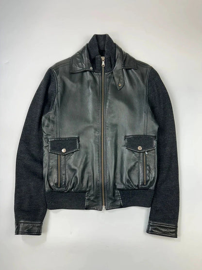 Dolce & Gabbana black bomber jacket with hybrid lamb leather and wool sleeves.
