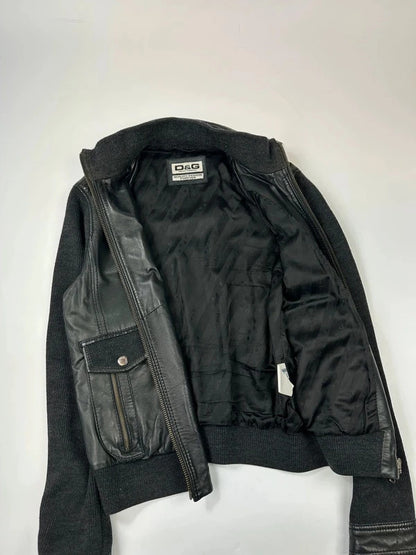 Dolce & Gabbana black bomber jacket with hybrid lamb leather and wool sleeves.