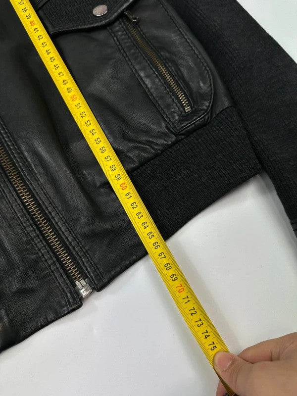 Dolce & Gabbana black bomber jacket with hybrid lamb leather and wool sleeves.