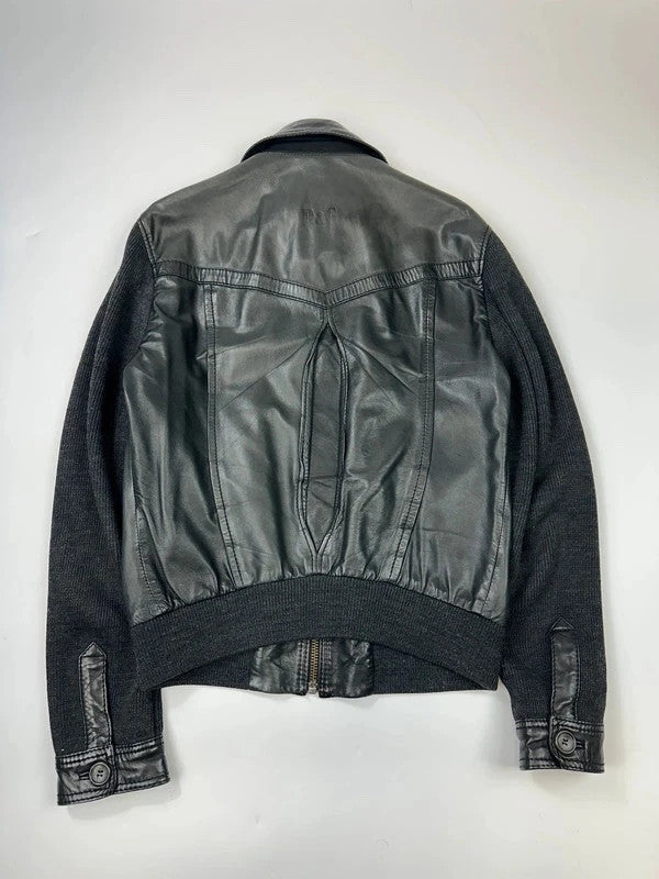 Dolce & Gabbana black bomber jacket with hybrid lamb leather and wool sleeves.