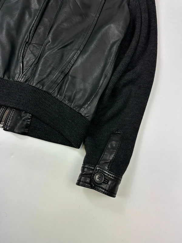 Dolce & Gabbana black bomber jacket with hybrid lamb leather and wool sleeves.