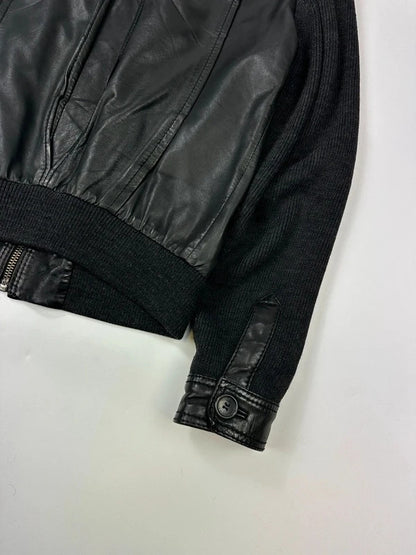 Dolce & Gabbana black bomber jacket with hybrid lamb leather and wool sleeves.