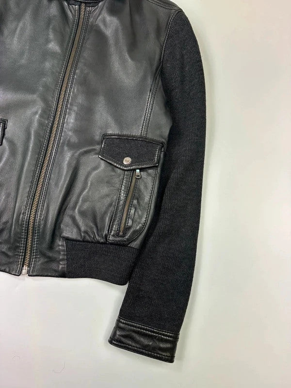 Dolce & Gabbana black bomber jacket with hybrid lamb leather and wool sleeves.
