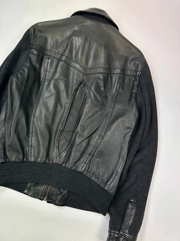Dolce & Gabbana black bomber jacket with hybrid lamb leather and wool sleeves.