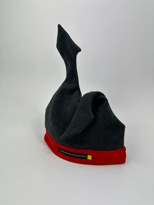 Marithé Francois Girbaud grey and red beanie with devil horns and logo detail.