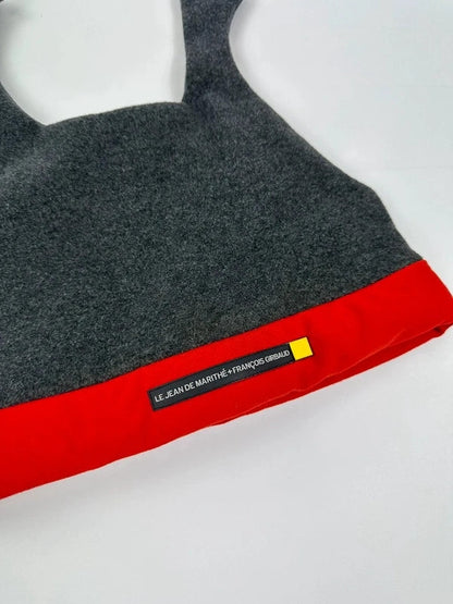 Marithé Francois Girbaud grey and red beanie with devil horns and logo detail.
