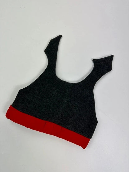 Marithé Francois Girbaud grey and red beanie with devil horns and logo detail.
