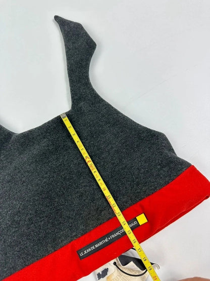 Marithé Francois Girbaud grey and red beanie with devil horns and logo detail.