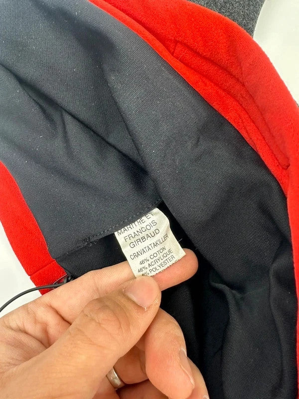 Marithé Francois Girbaud grey and red beanie with devil horns and logo detail.