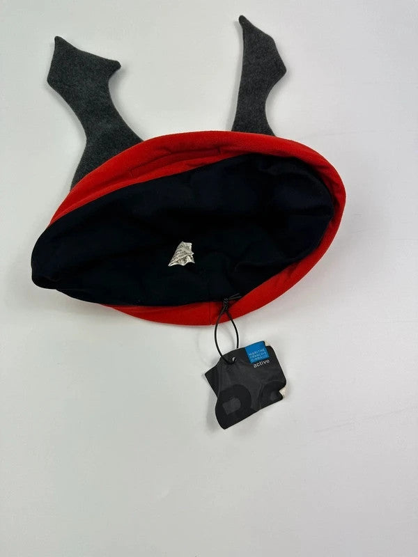 Marithé Francois Girbaud grey and red beanie with devil horns and logo detail.