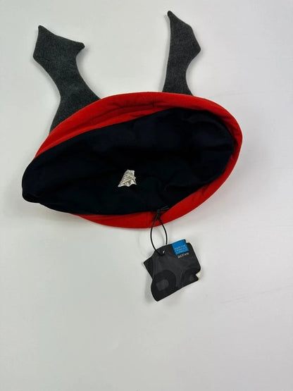 Marithé Francois Girbaud grey and red beanie with devil horns and logo detail.