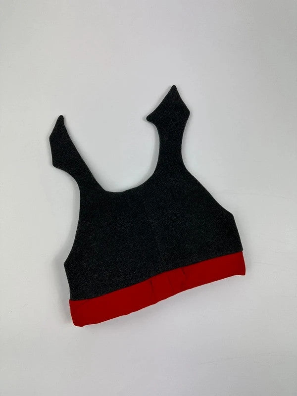 Marithé Francois Girbaud grey and red beanie with devil horns and logo detail.
