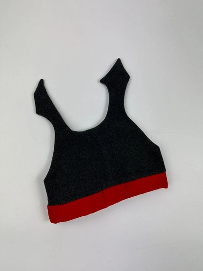 Marithé Francois Girbaud grey and red beanie with devil horns and logo detail.