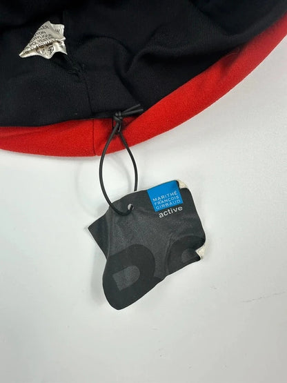 Marithé Francois Girbaud grey and red beanie with devil horns and logo detail.
