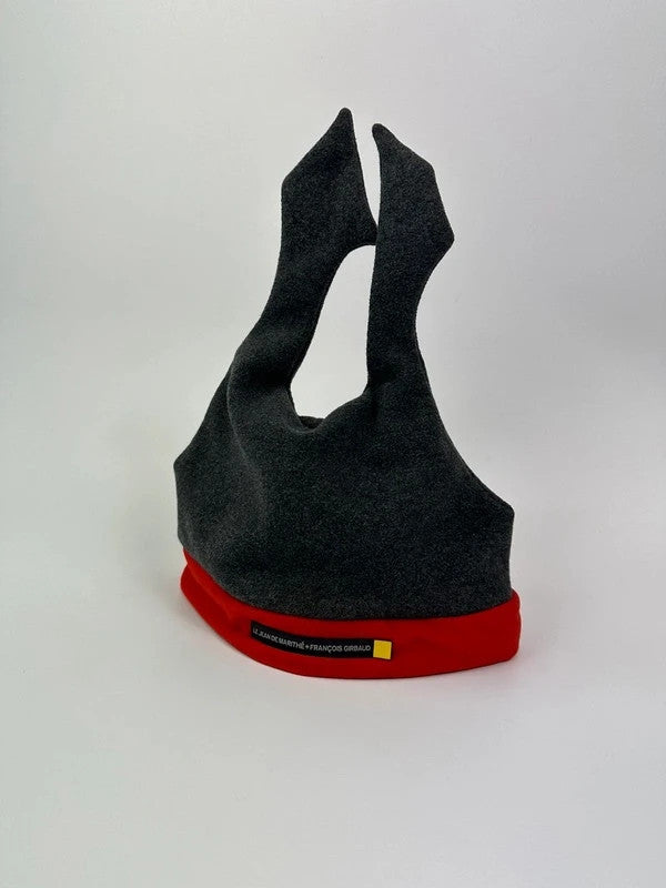 Marithé Francois Girbaud grey and red beanie with devil horns and logo detail.
