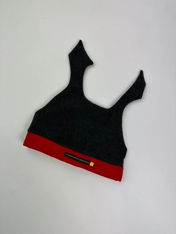 Marithé Francois Girbaud grey and red beanie with devil horns and logo detail.