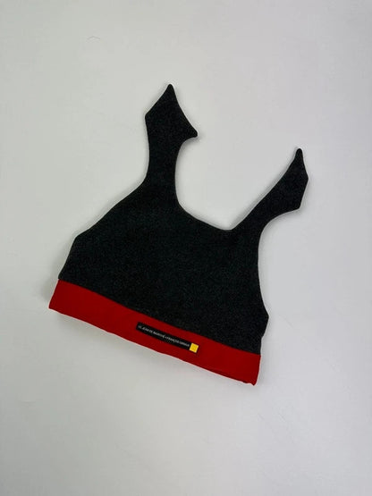 Marithé Francois Girbaud grey and red beanie with devil horns and logo detail.