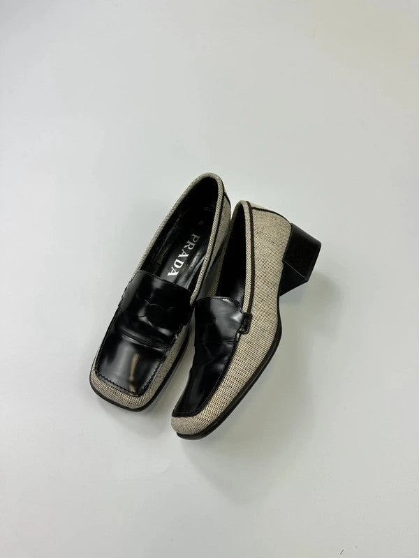 Prada grey and black loafers in leather and linen with 1999 collection details.