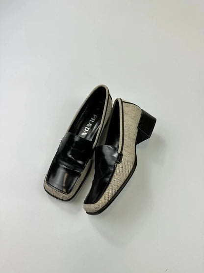 Prada grey and black loafers in leather and linen with 1999 collection details.