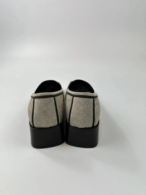 Prada grey and black loafers in leather and linen with 1999 collection details.