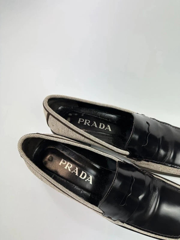 Prada grey and black loafers in leather and linen with 1999 collection details.