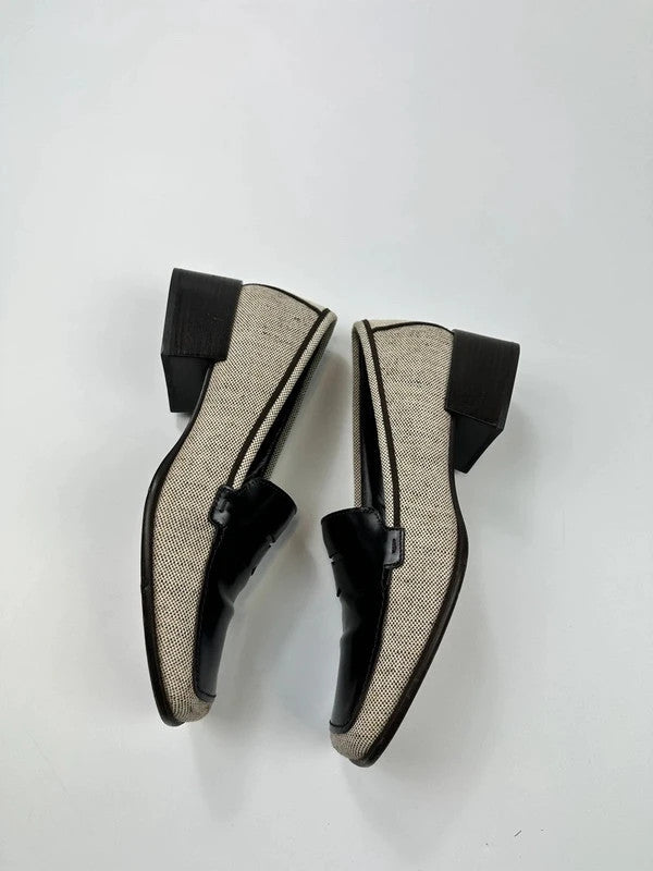 Prada grey and black loafers in leather and linen with 1999 collection details.