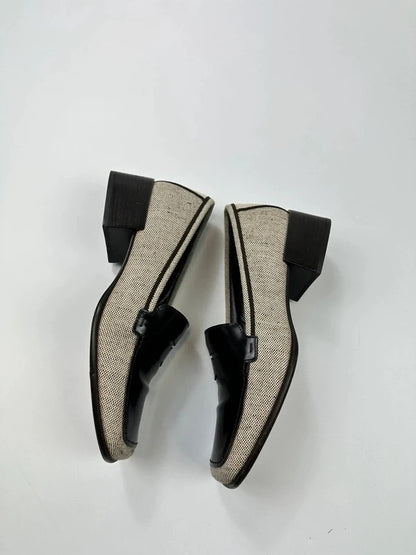 Prada grey and black loafers in leather and linen with 1999 collection details.