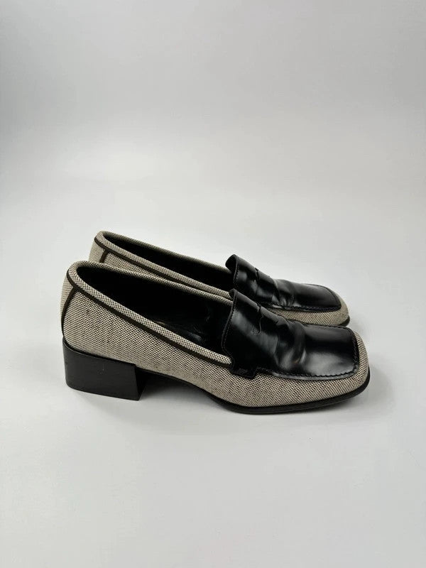Prada grey and black loafers in leather and linen with 1999 collection details.