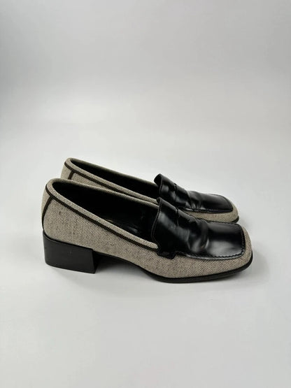Prada grey and black loafers in leather and linen with 1999 collection details.