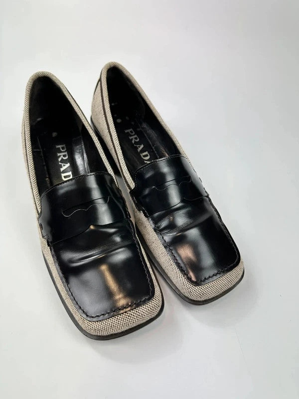 Prada grey and black loafers in leather and linen with 1999 collection details.