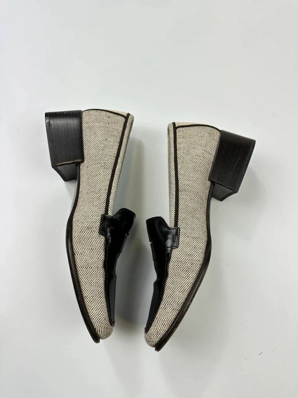 Prada grey and black loafers in leather and linen with 1999 collection details.