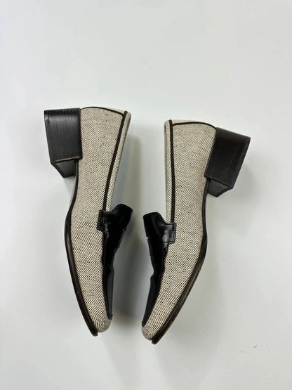 Prada grey and black loafers in leather and linen with 1999 collection details.