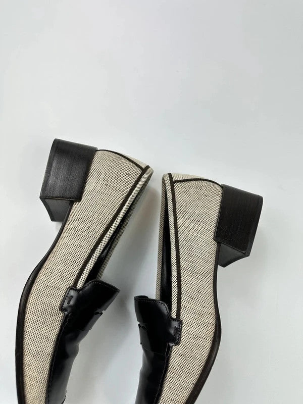 Prada grey and black loafers in leather and linen with 1999 collection details.