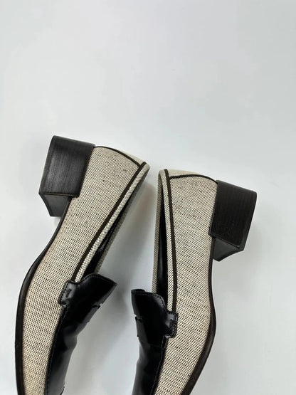 Prada grey and black loafers in leather and linen with 1999 collection details.
