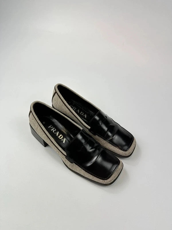 Prada grey and black loafers in leather and linen with 1999 collection details.