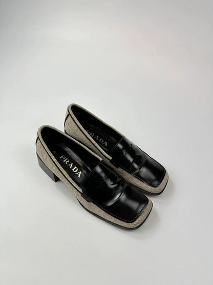 Prada grey and black loafers in leather and linen with 1999 collection details.