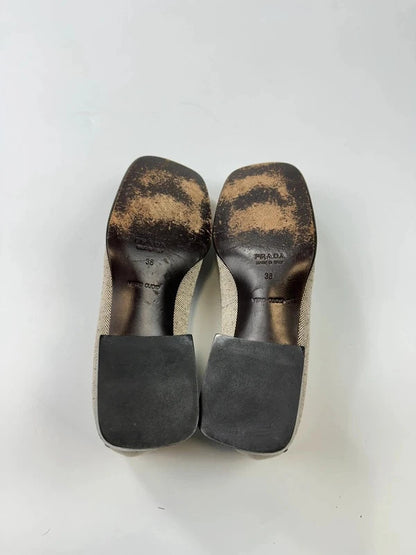 Prada grey and black loafers in leather and linen with 1999 collection details.