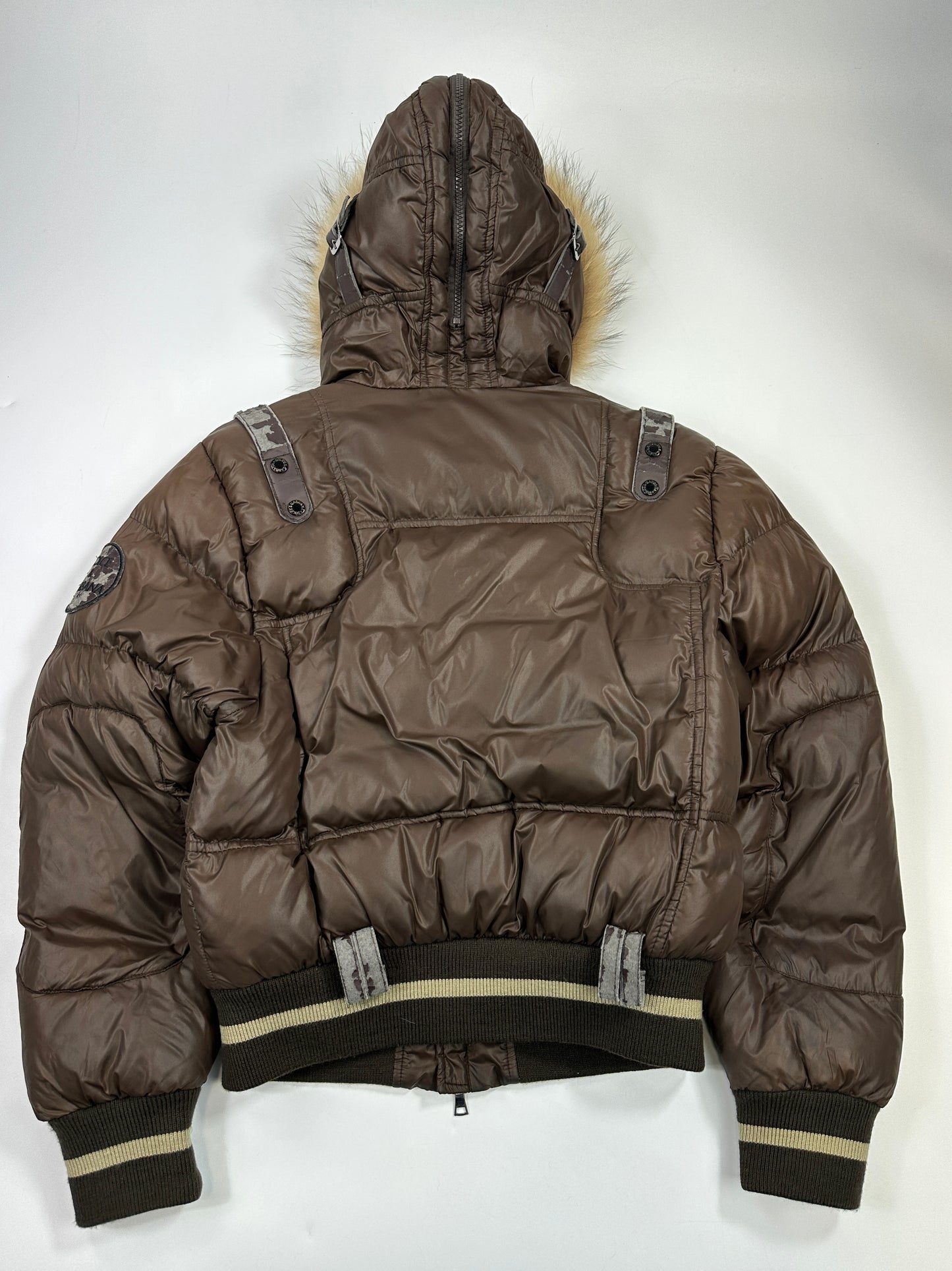 Dolce & Gabbana 00’s Brown Nylon Faux Fur Straps Bomber Hooded Puffer Jacket
