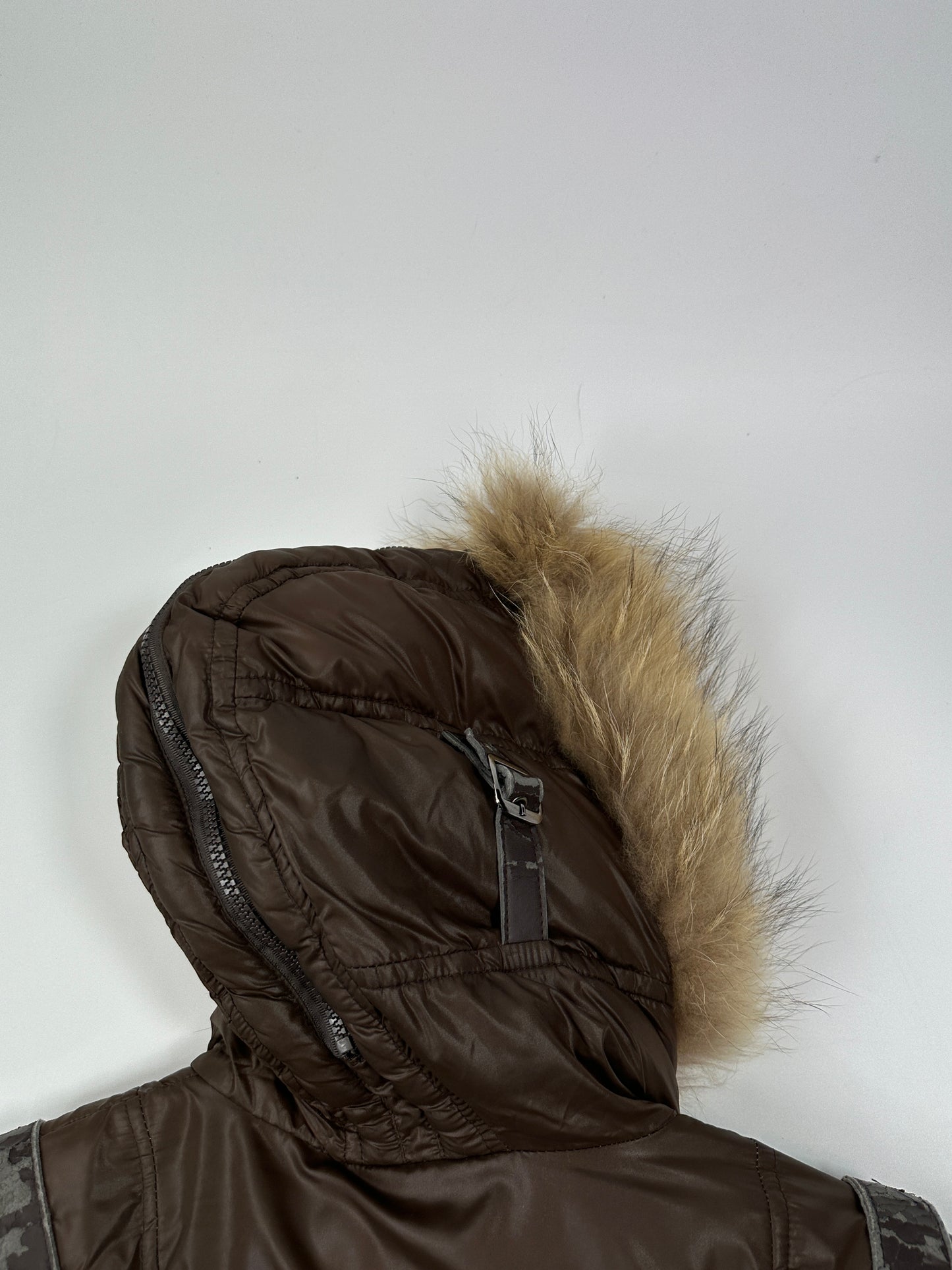 Dolce & Gabbana 00’s Brown Nylon Faux Fur Straps Bomber Hooded Puffer Jacket