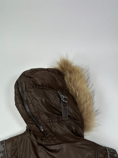 Dolce & Gabbana 00’s Brown Nylon Faux Fur Straps Bomber Hooded Puffer Jacket
