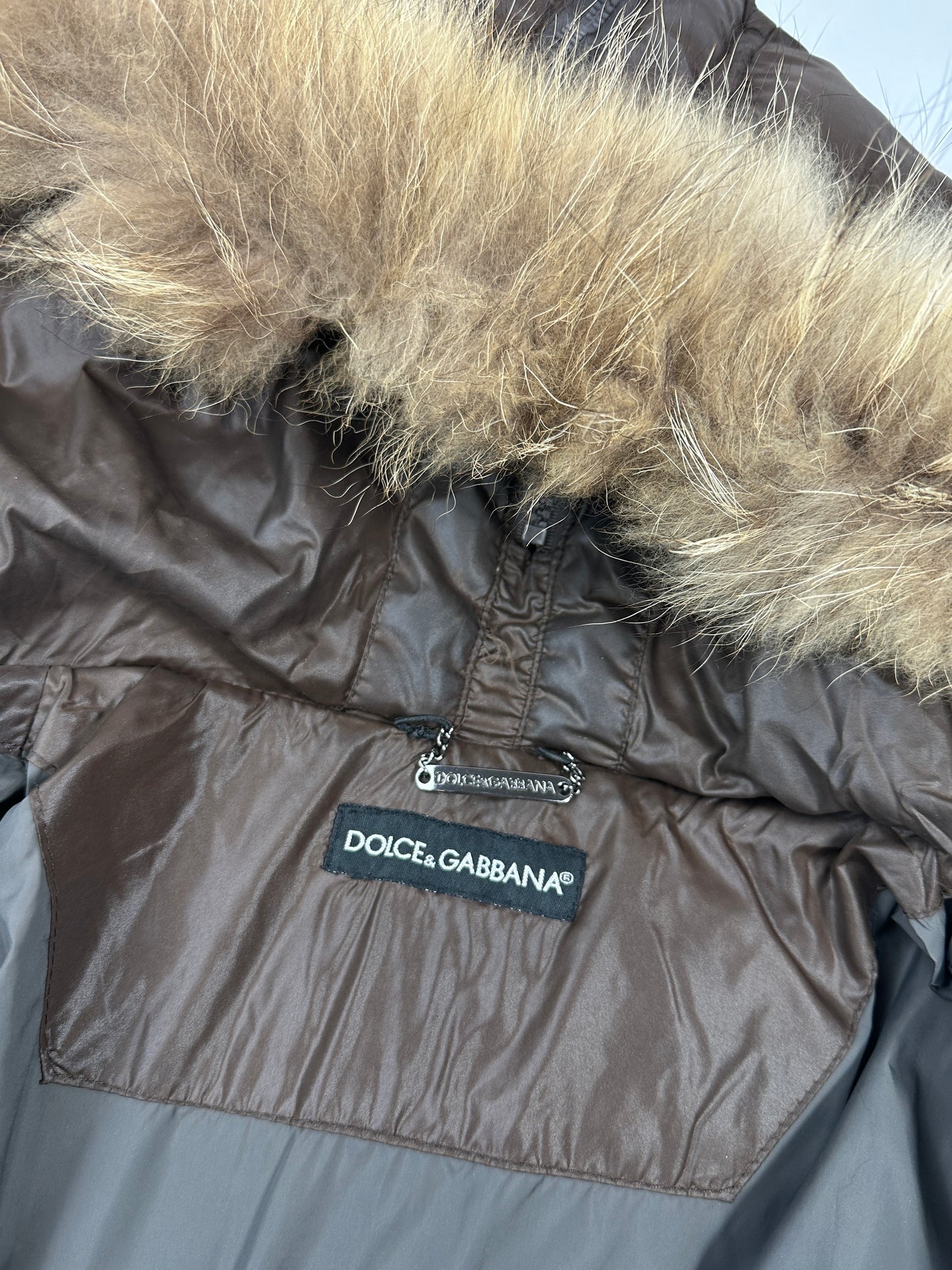 Dolce & Gabbana 00’s Brown Nylon Faux Fur Straps Bomber Hooded Puffer Jacket